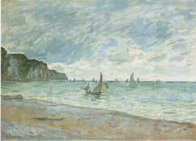 Reproduction du tableau « Barques de pêche devant la plage et les falaises de Pourville - Claude Monet » par Alpha Reproduction en peinture à l’huile
