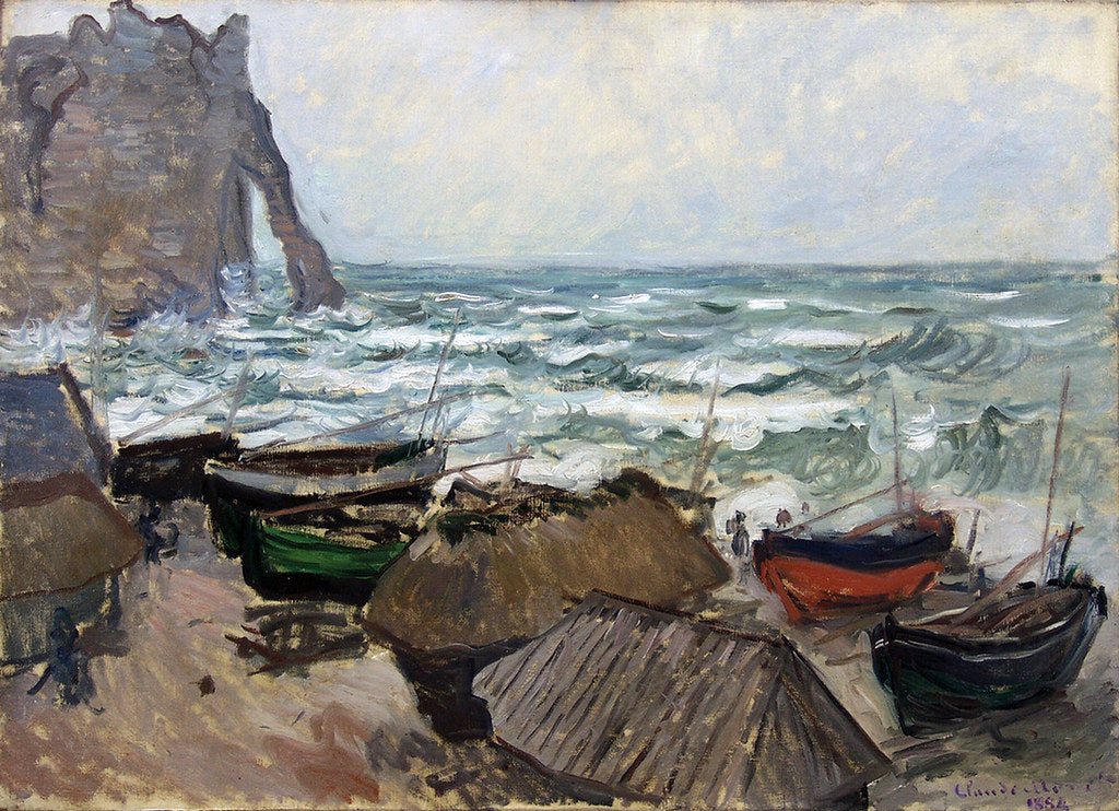 🎨 Étretat Kayalıkları ve Sandallar – Claude Monet, 1885