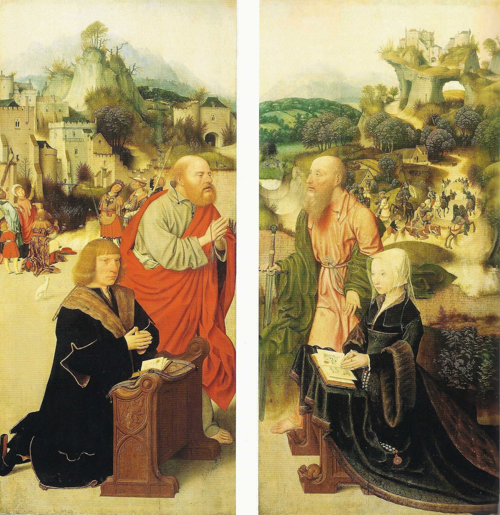 Volets de retable. Volet gauche : Albrecht Adriaensz. van Adrichem (?) présenté par saint Pierre. Volet droit : Elisabeth van Dorp (?) présenté par saint Paul - Jan Mostaert