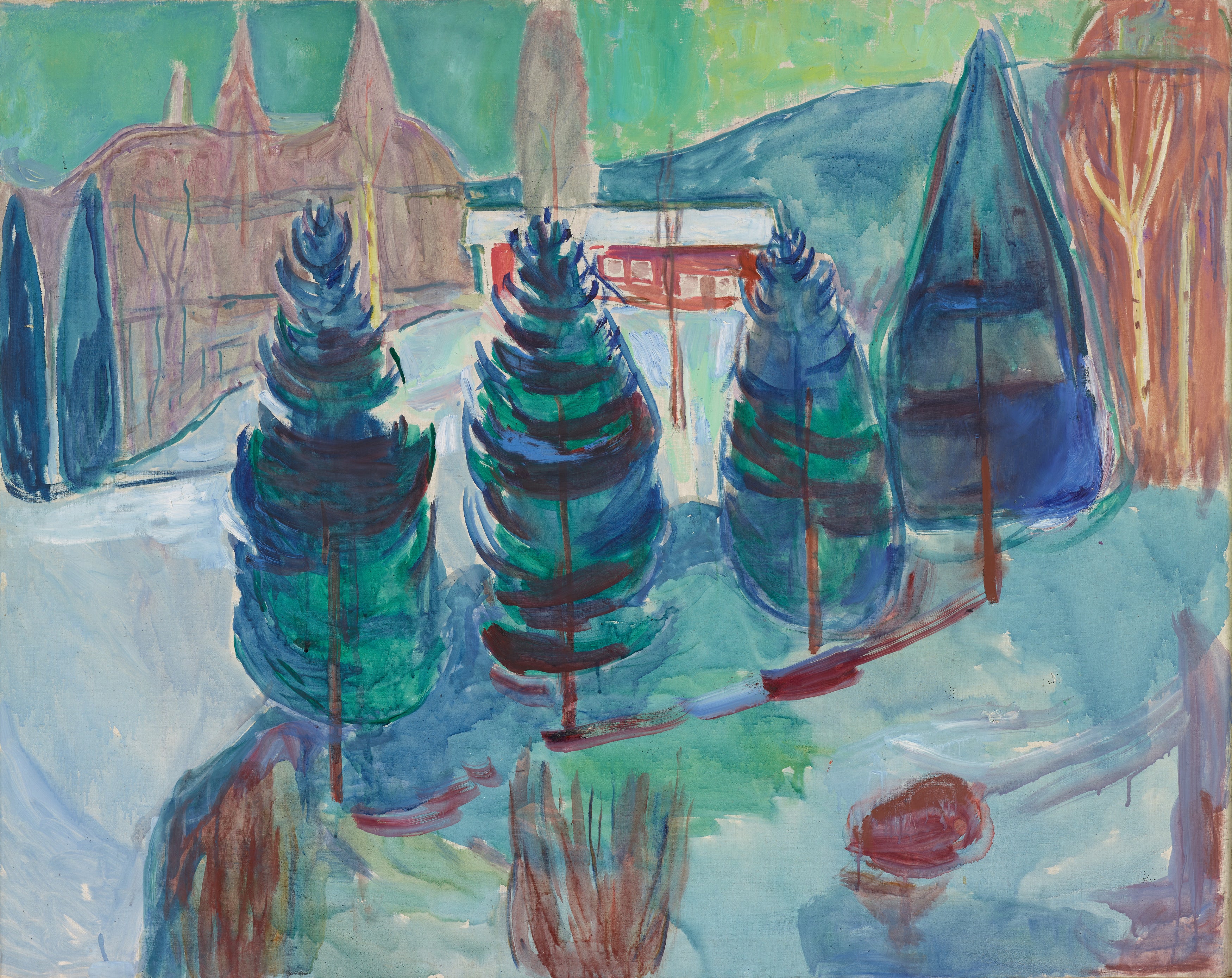 Reproduction du tableau « maison rouge et Épicéas - Edvard Munch » par Alpha Reproduction en peinture à l’huile