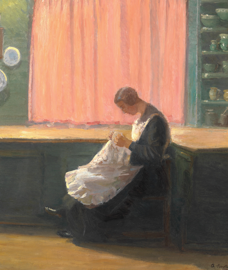 Günün sonunda. Dikiş yapan genç kız. - Anna Ancher