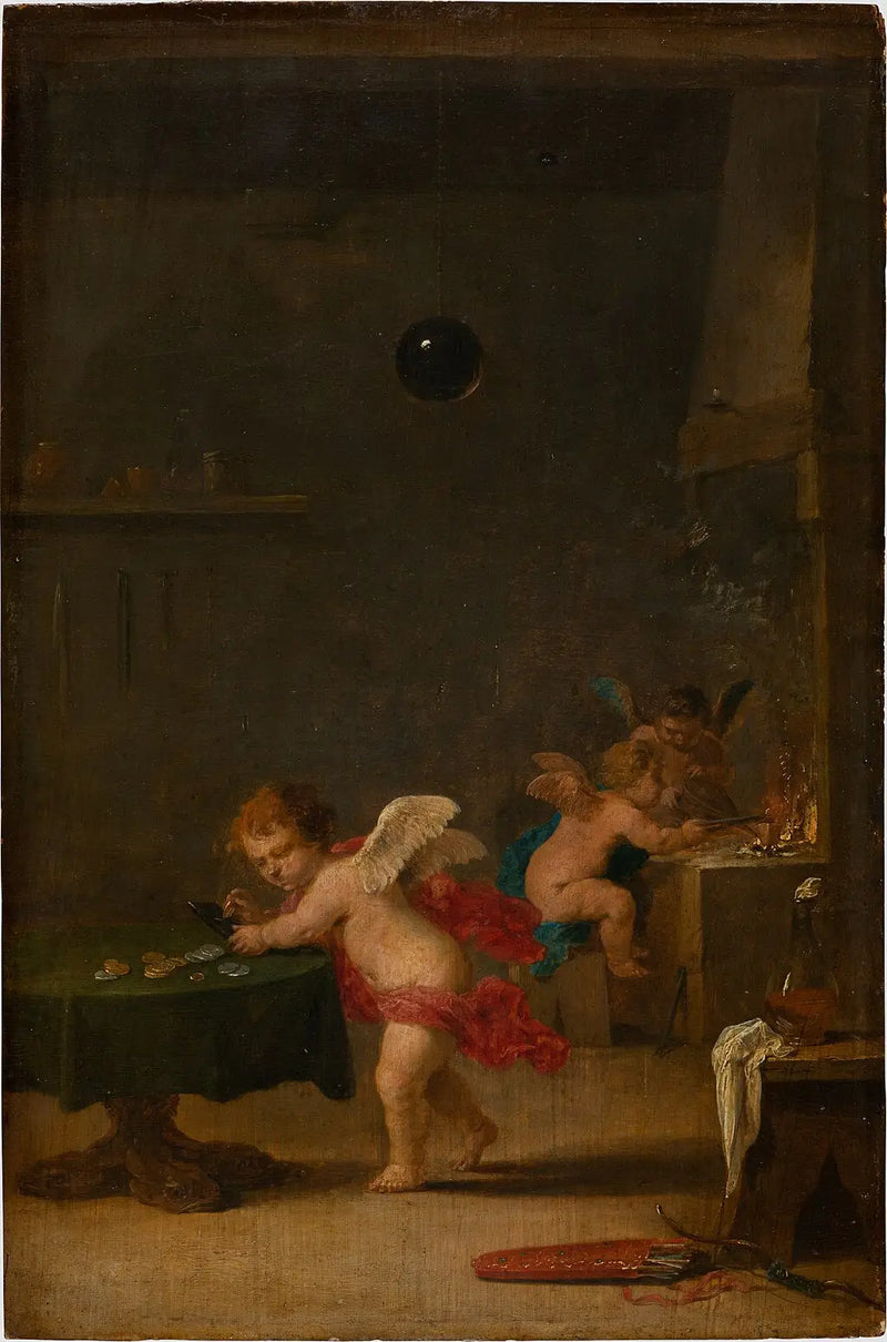 Amoretti, bir simyacının atölyesinde - David Teniers genç