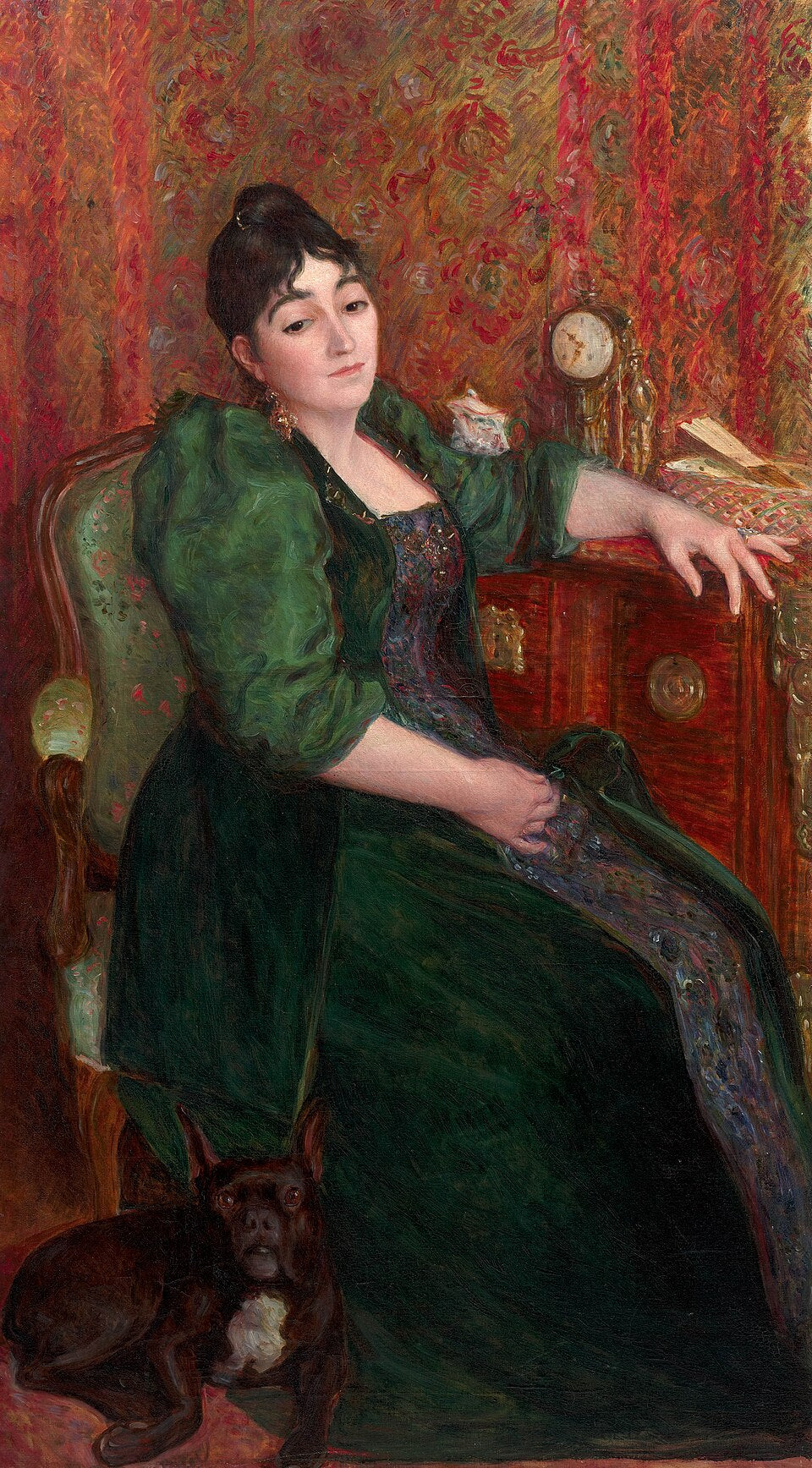 Autoportrait de l’artiste dans un fauteuil en compagnie de Bob, son bouledogue français - Marie Bracquemond