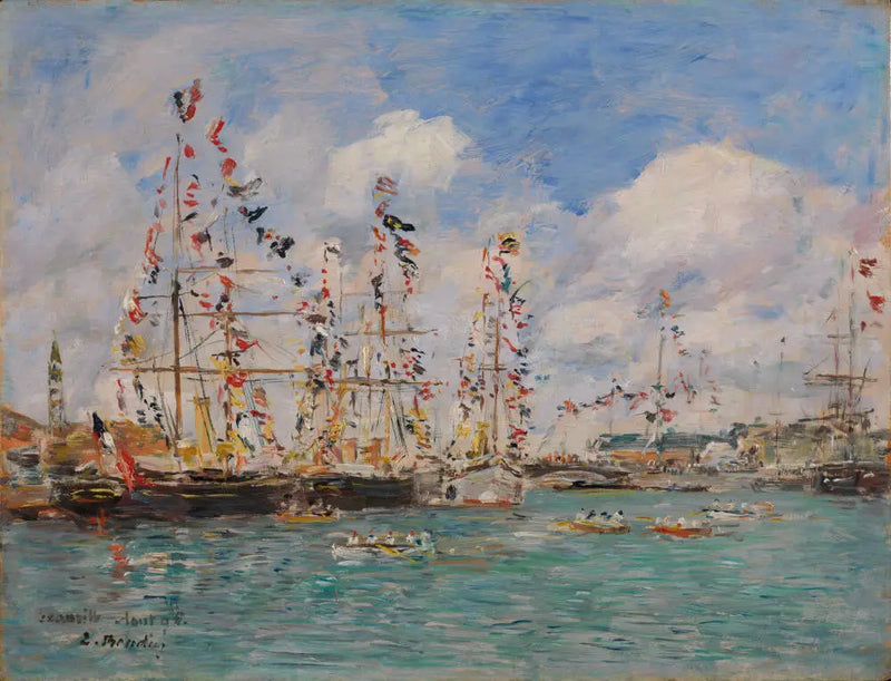 Deauville Limanı'nda Bayraklarla Süslenmiş Botlar - Eugène Boudin