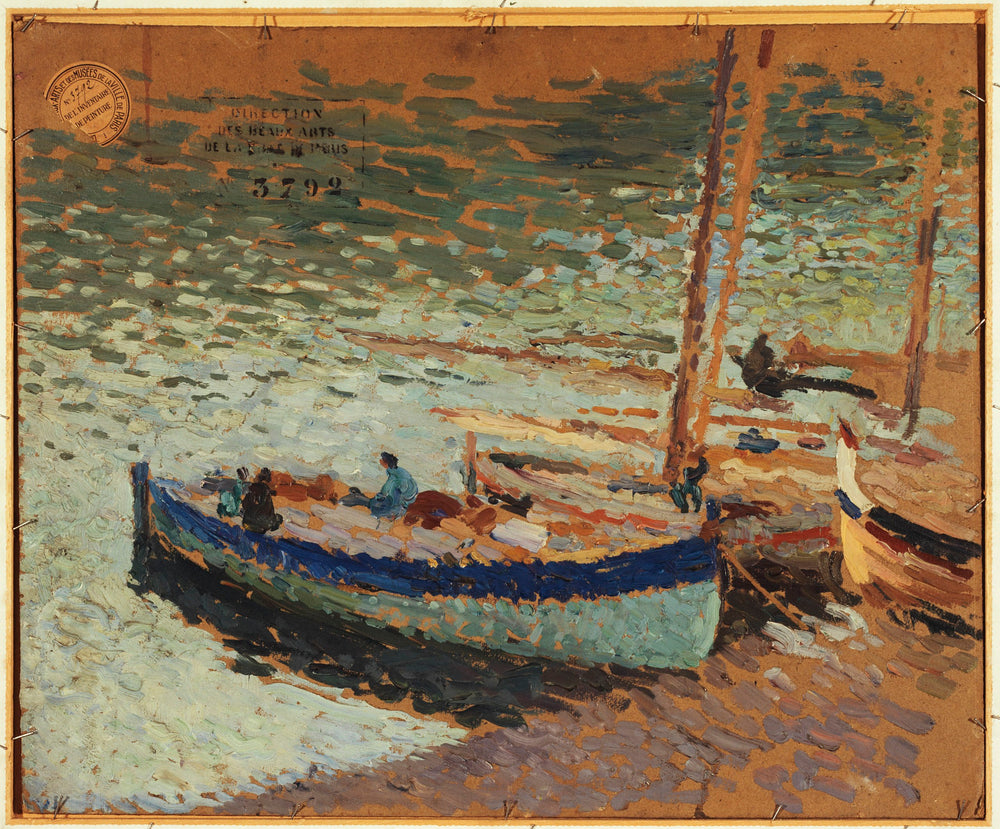 Bouquet de bleuets - Barques au port - Henri-Jean Guillaume Martin