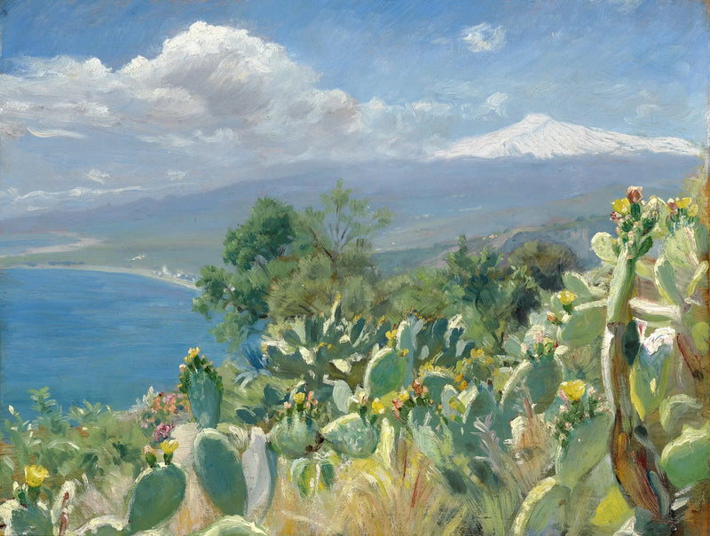 Taormina yakınlarındaki çiçek açan kaktüsler. Arka planda, karla kaplı Etna. - Peder Severin Krøyer