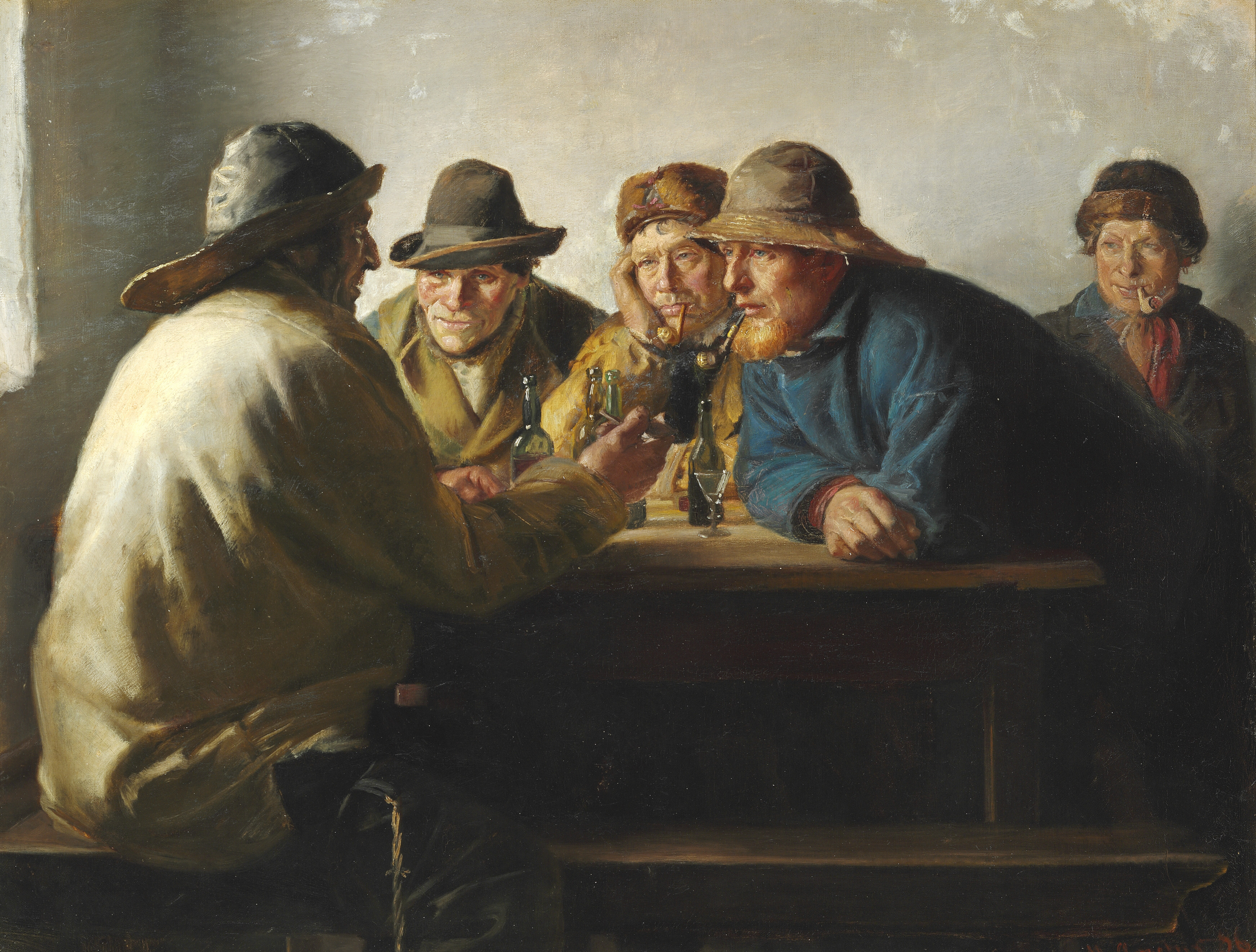 Bir masanın etrafında oturmuş balıkçılar içki içiyor - Michael Peter Ancher