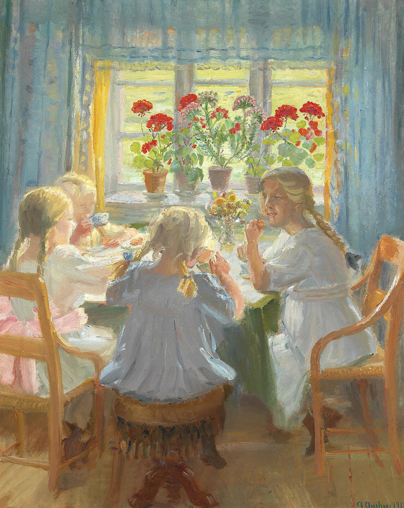 Küçük kızlar Nordstuen'da, Skagen'deki Markvej üzerindeki Anchers evinde çay içiyor. - Anna Ancher