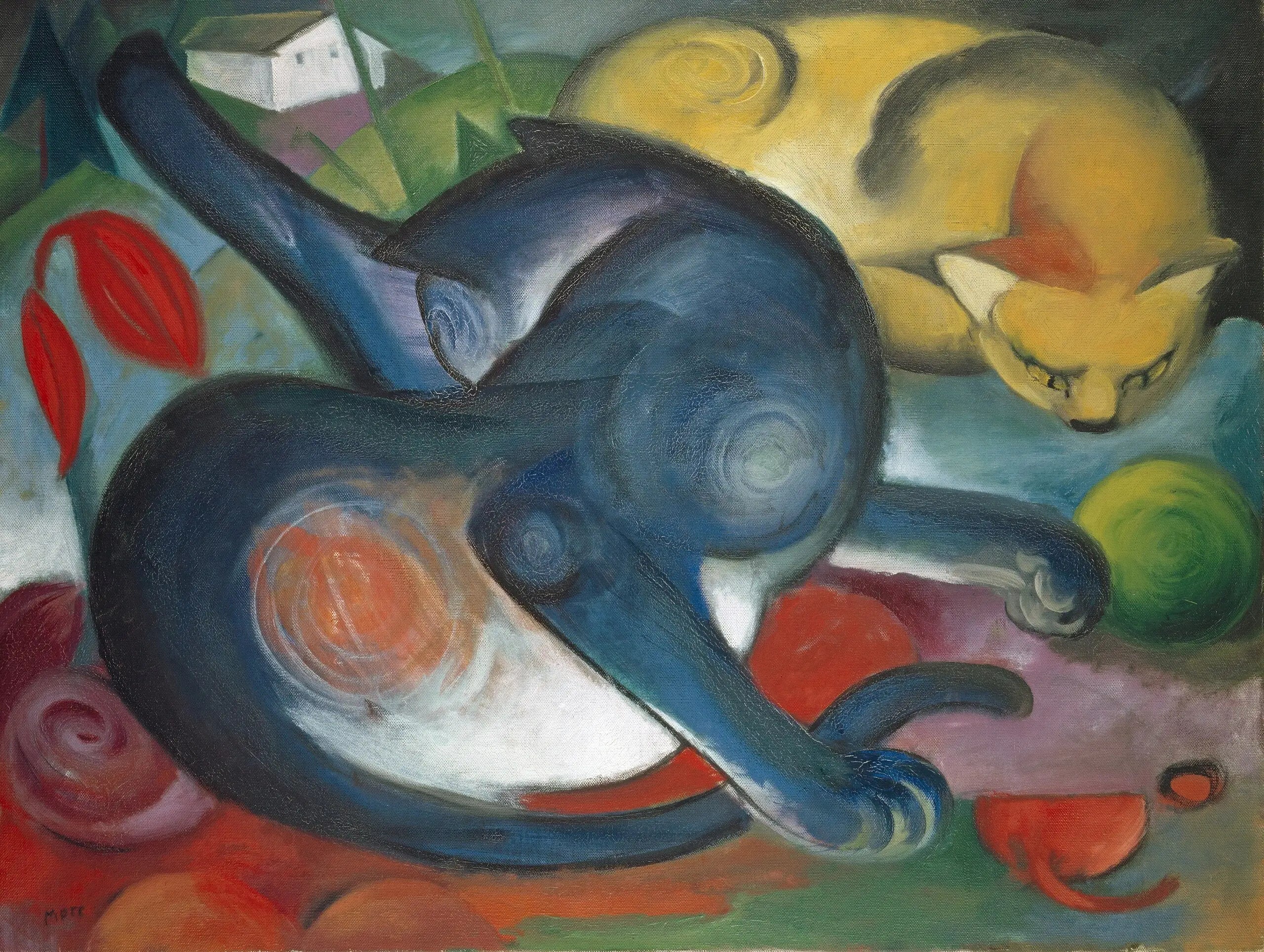 Reproduction du tableau « Deux chats, bleu et jaune - Franz Marc » par Alpha Reproduction en peinture à l’huile