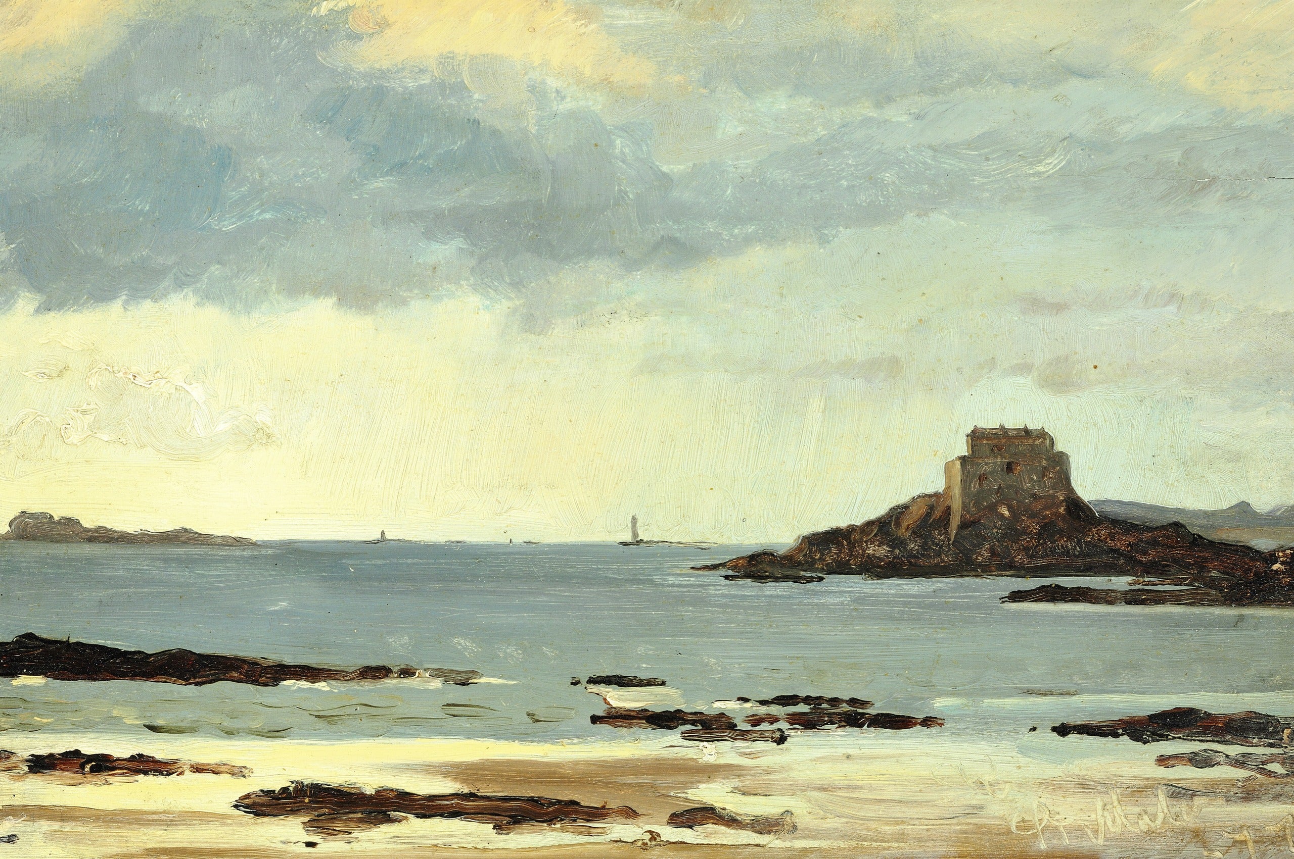 Saint-Malo'da gri havada plaj çalışması - Peder Severin Krøyer