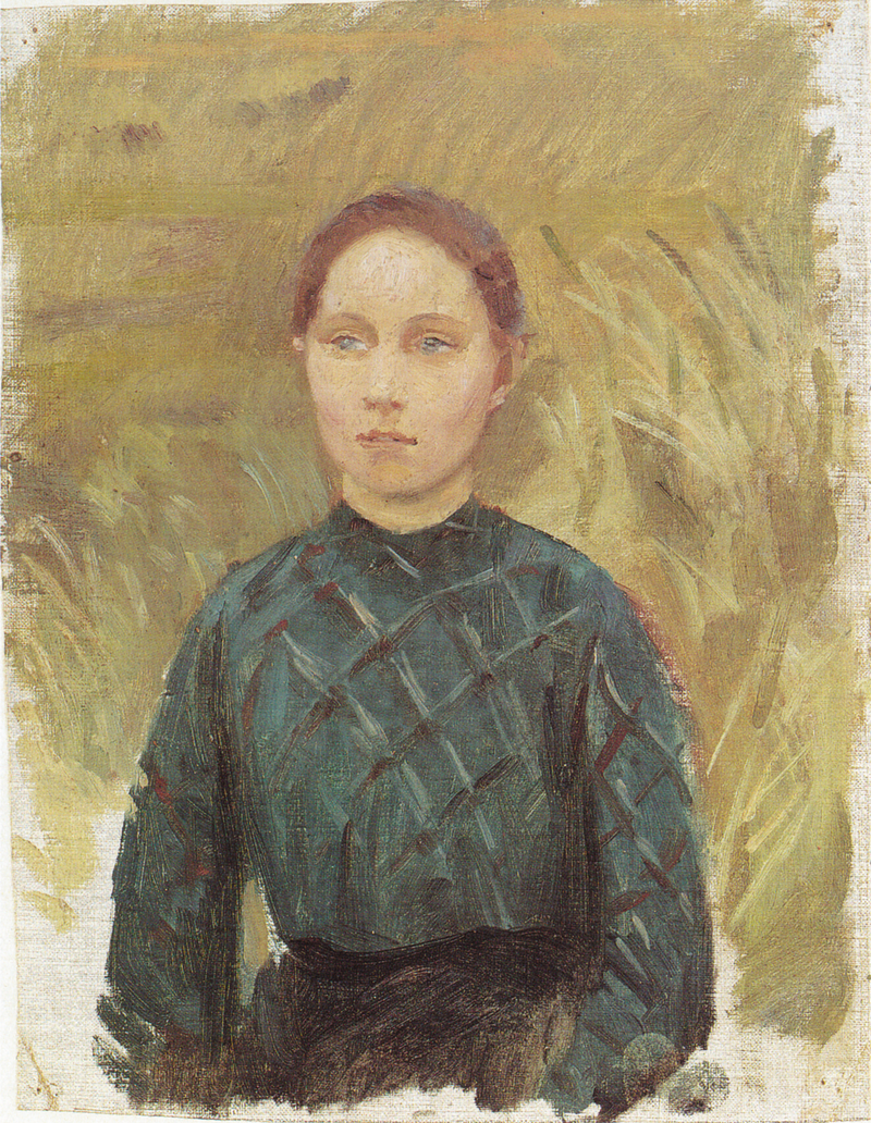 Yeşil elbise giymiş genç kadın, kum tepelerinde oturuyor - Anna Ancher