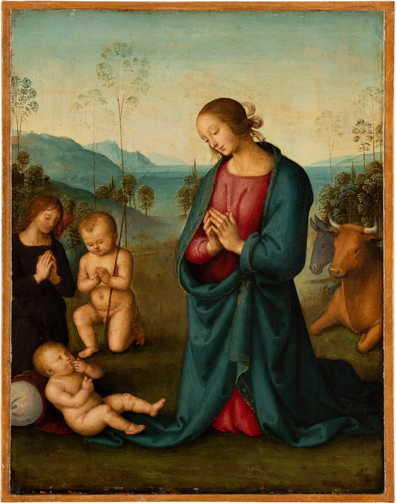 Meryem Ana, Kutsal Çocuk Yuhanna ve Çocuk İsa'yı seven bir melek - Pietro Perugino