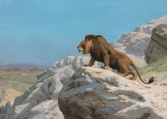 Reproduction du tableau « Le Lion aux aguets - Jean-Léon Gérôme » par Alpha Reproduction en peinture à l’huile