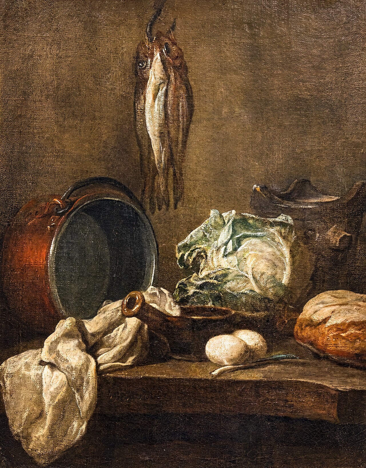 Nature morte avec chaudron, poêlon, fourneau, torchon, chou, deux œufs, poireau, pain et trois harengs - Jean Siméon Chardin