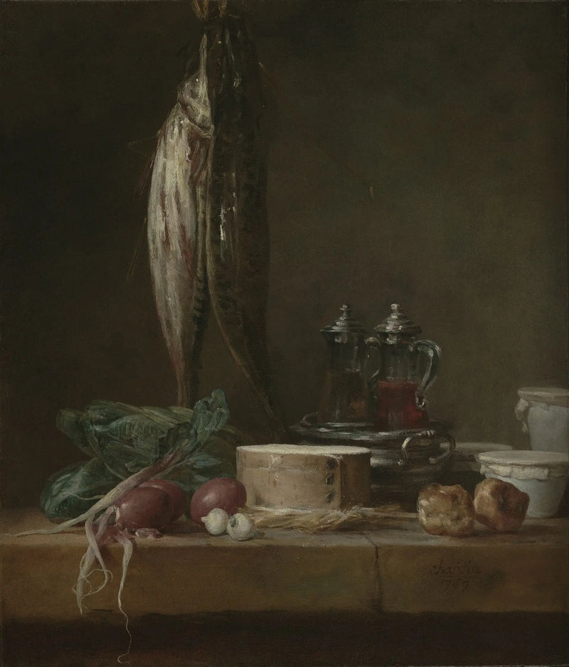 Tablo: Balıklar, sebzeler, gougères, kavanozlar ve şişelerle natürmort - Jean Simeón Chardin