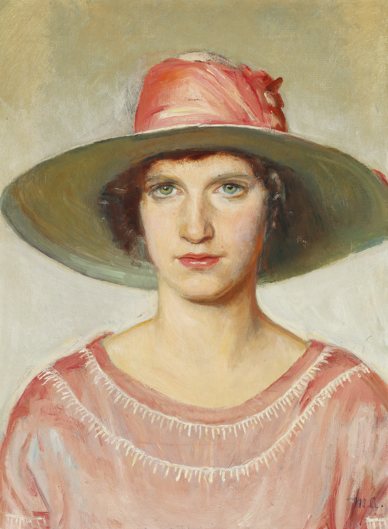 Pembe elbise ve hasır şapka takmış bir kızın portresi, pembe kurdele süslemeli - Michael Peter Ancher