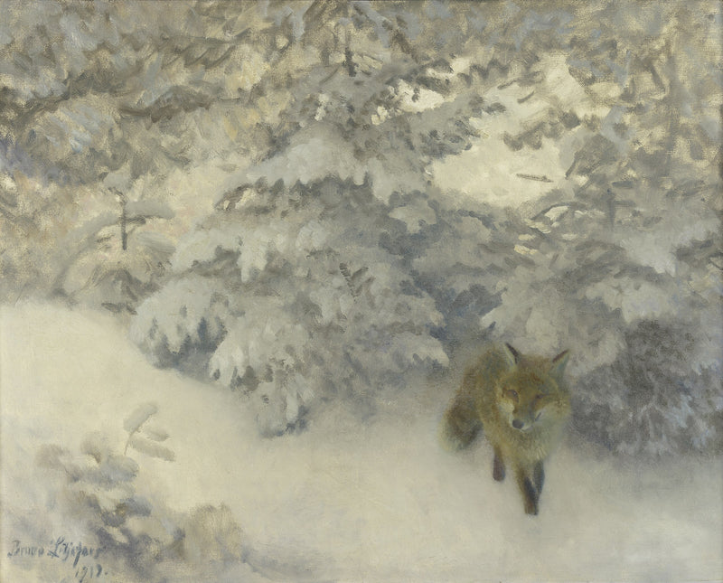 Vos tredend uit besneeuwde bosrand - Bruno Liljefors