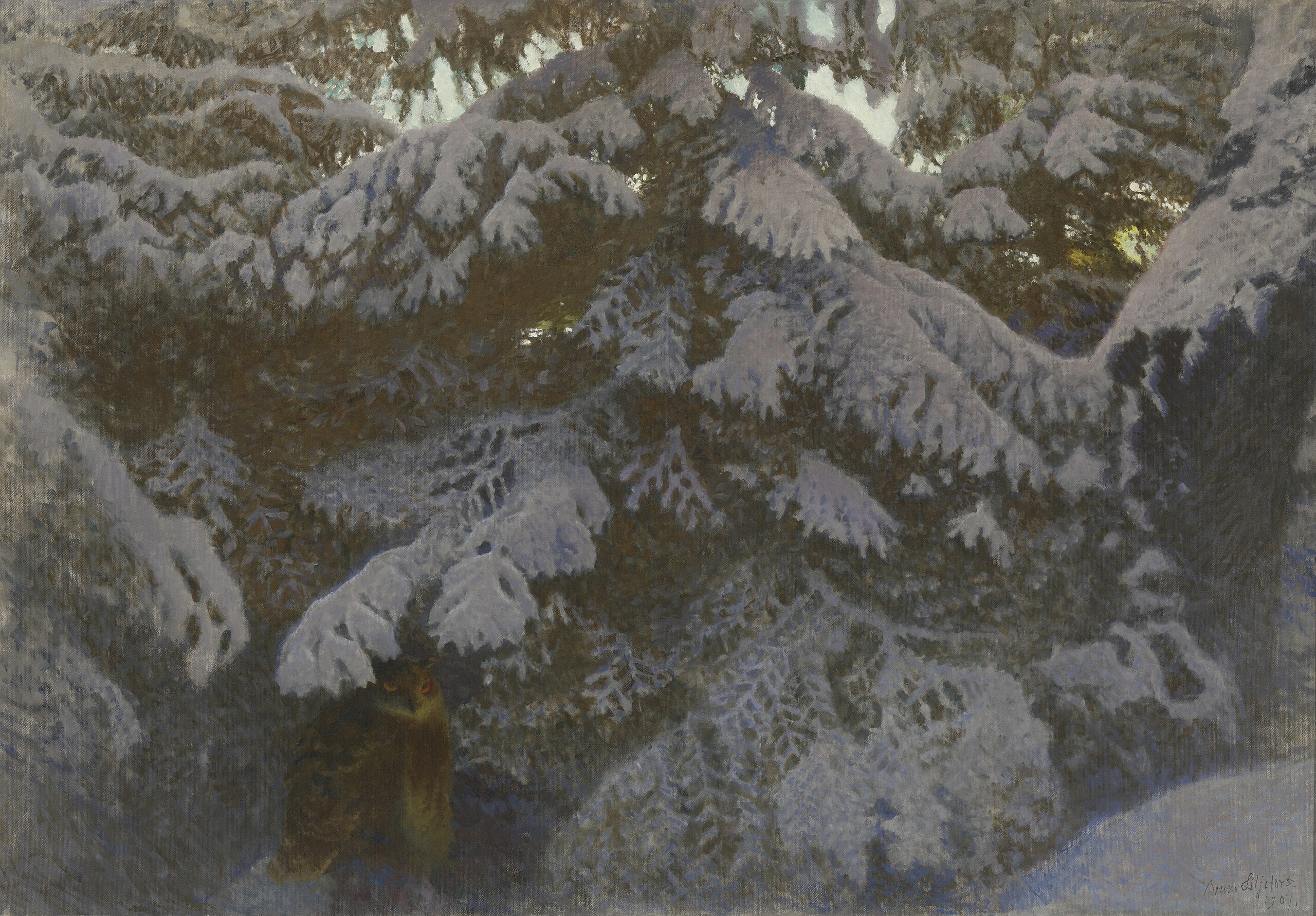 Oehoe onder besneeuwde sparren - Bruno Liljefors