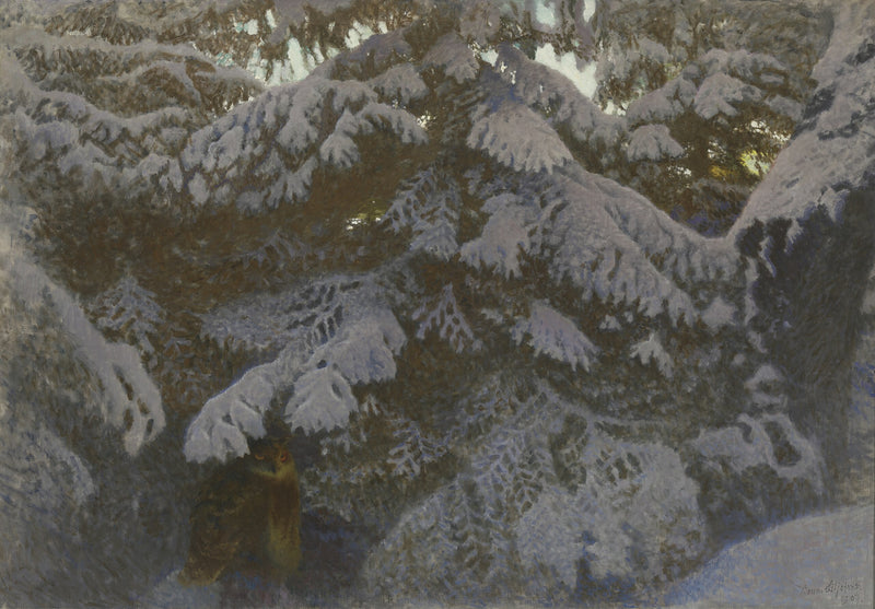 Oehoe onder besneeuwde sparren - Bruno Liljefors