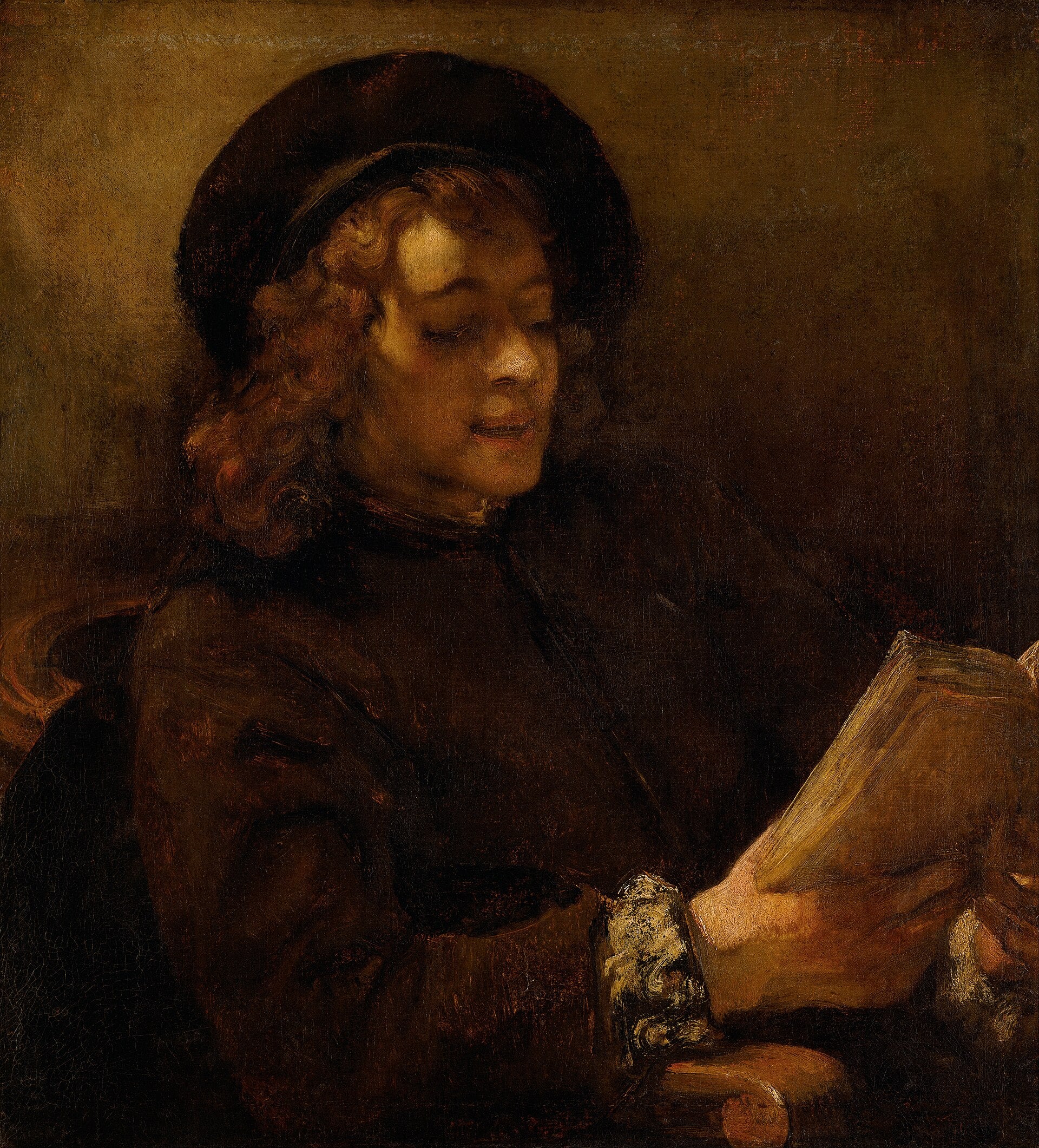Reproduction du tableau « Titus Reading (étude en lumière directe et réfléchie) - Rembrandt » par Alpha Reproduction en peinture à l’huile
