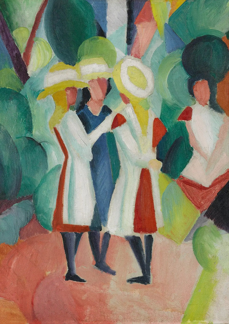 Sarı saman şapka takan üç kız - August Macke