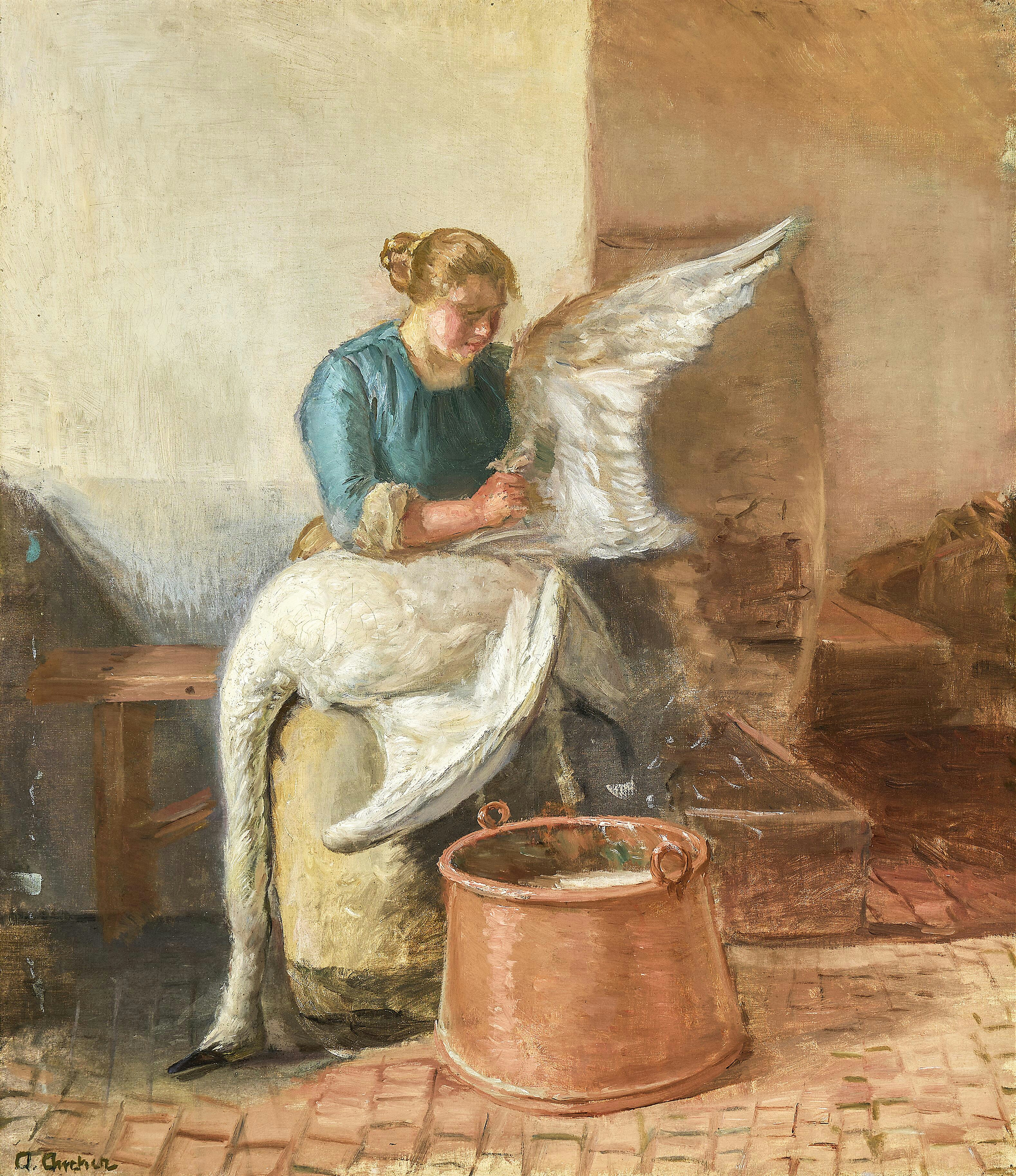 Une jeune femme plumant un cygne. - Anna Ancher - Alpha Reproduction