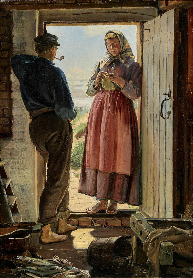 Bir öneri. Genç bir balıkçı ve genç bir kadın kapı eşiğinde örüyor. - Michael Peter Ancher