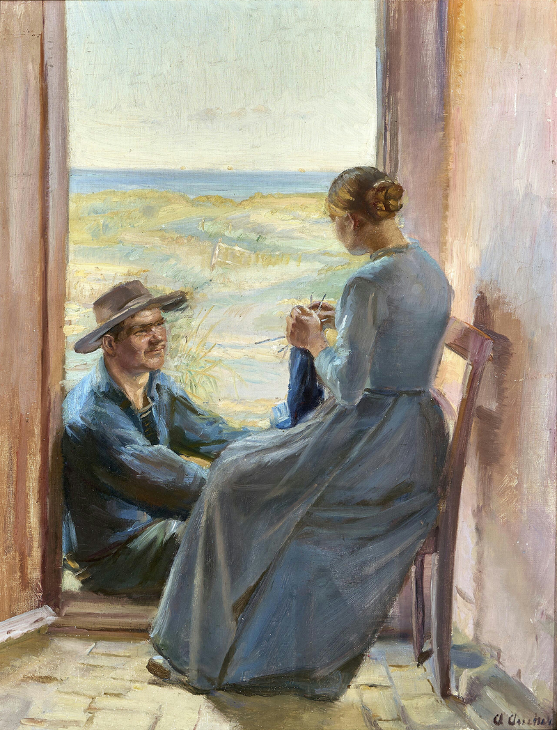 Skagen'da genç bir çift, kapı açıklığında oturmuş, plaj ve deniz manzarasıyla. - Anna Ancher