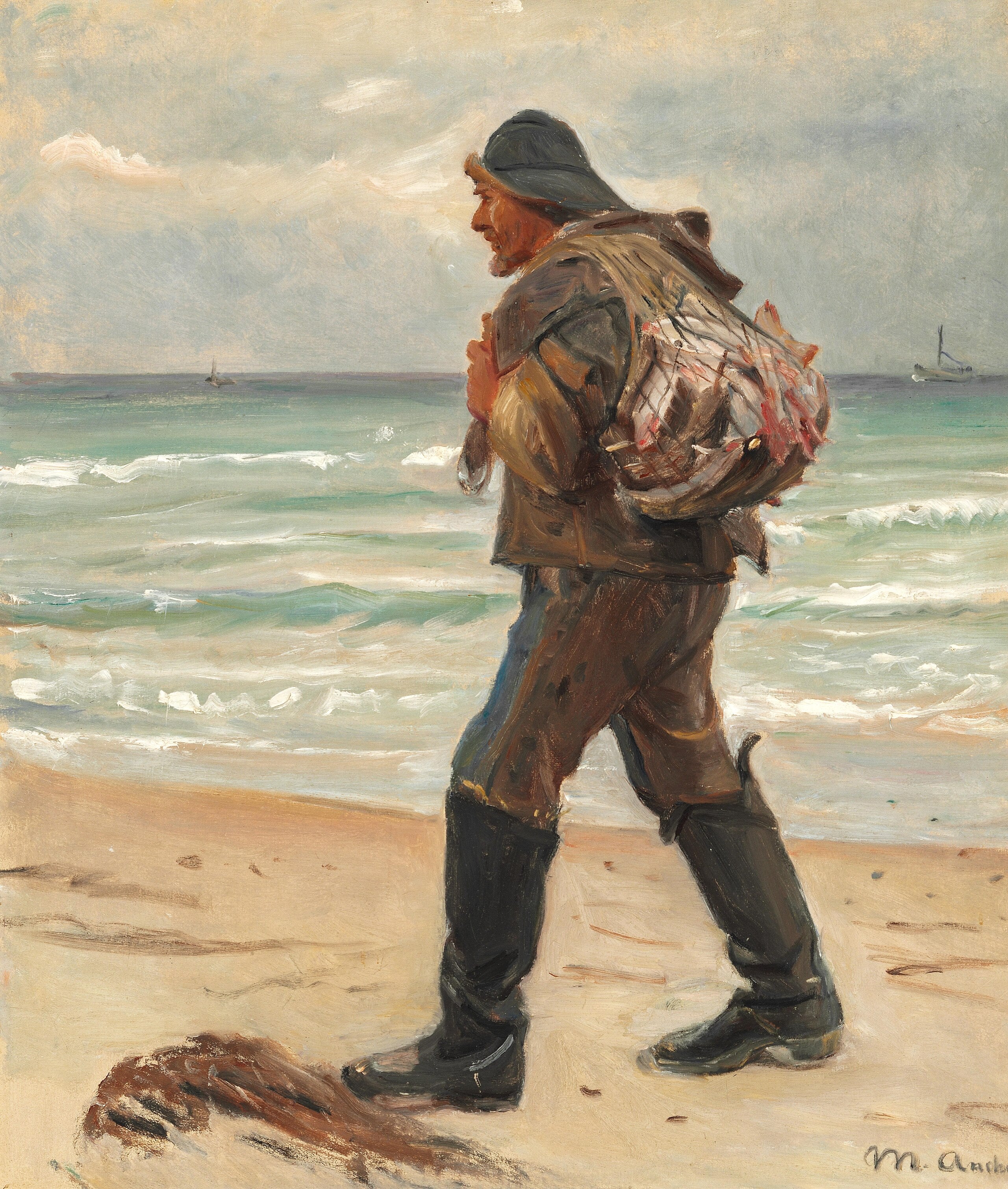 Skagen plajında bir balıkçı, günün avını sırtında taşıyor. - Michael Peter Ancher
