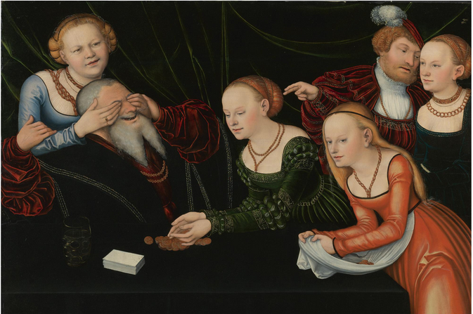 6 kişi, yaşlı bir adamla oynayan kızlar - Lucas Cranach the Elder