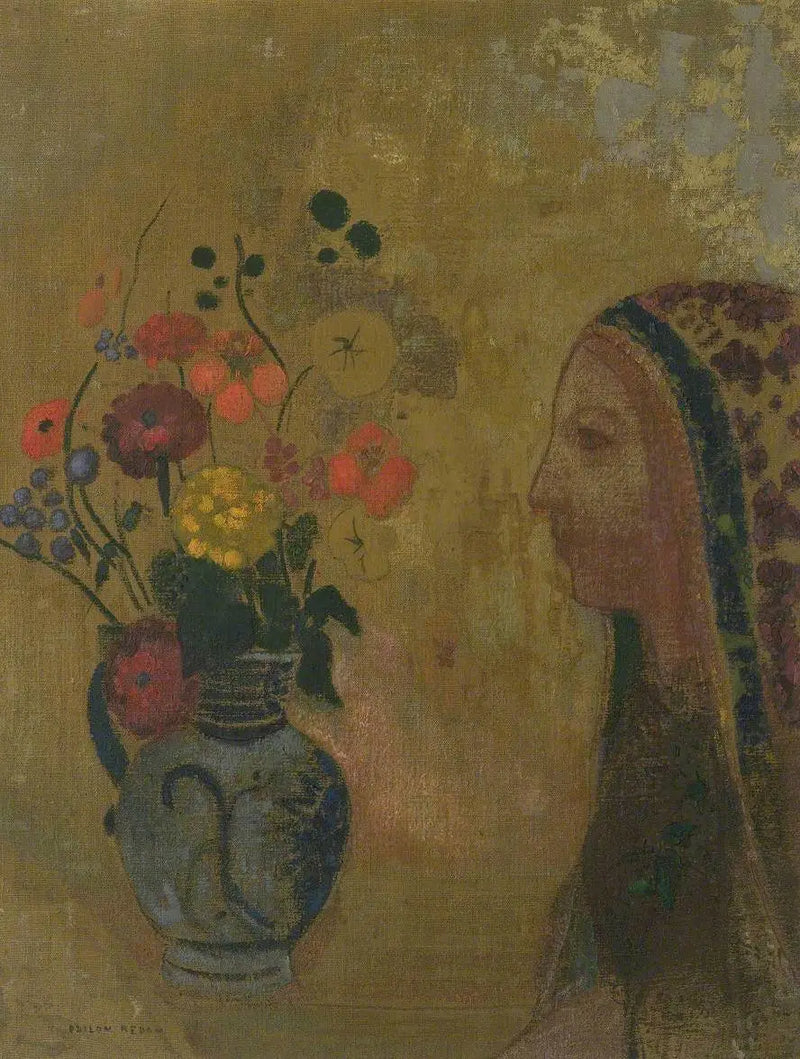 Kadın profili, çiçek vazosu ile - Odilon Redon