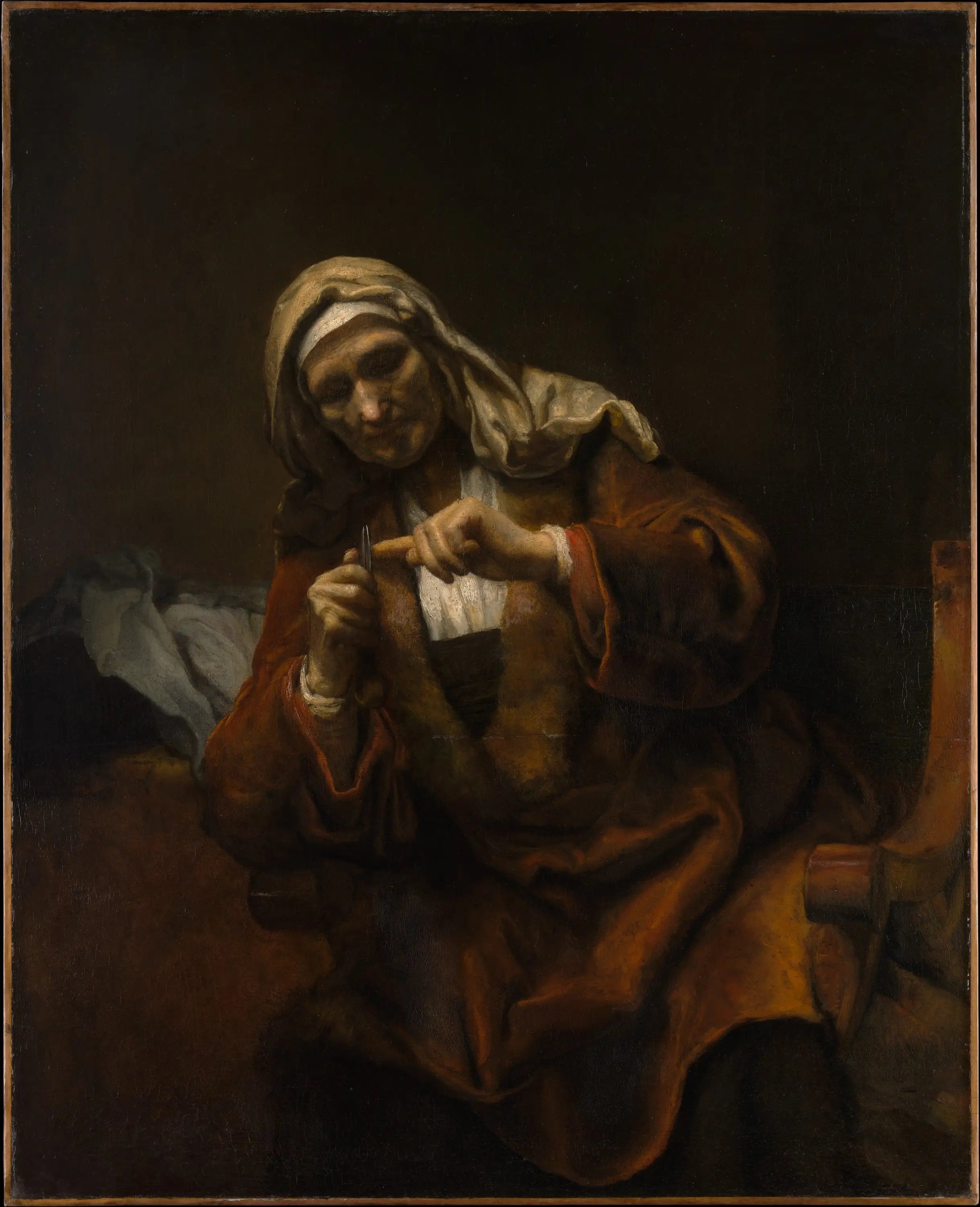 Reproduction du tableau « Vieille femme se coupant les ongles - Rembrandt » par Alpha Reproduction en peinture à l’huile