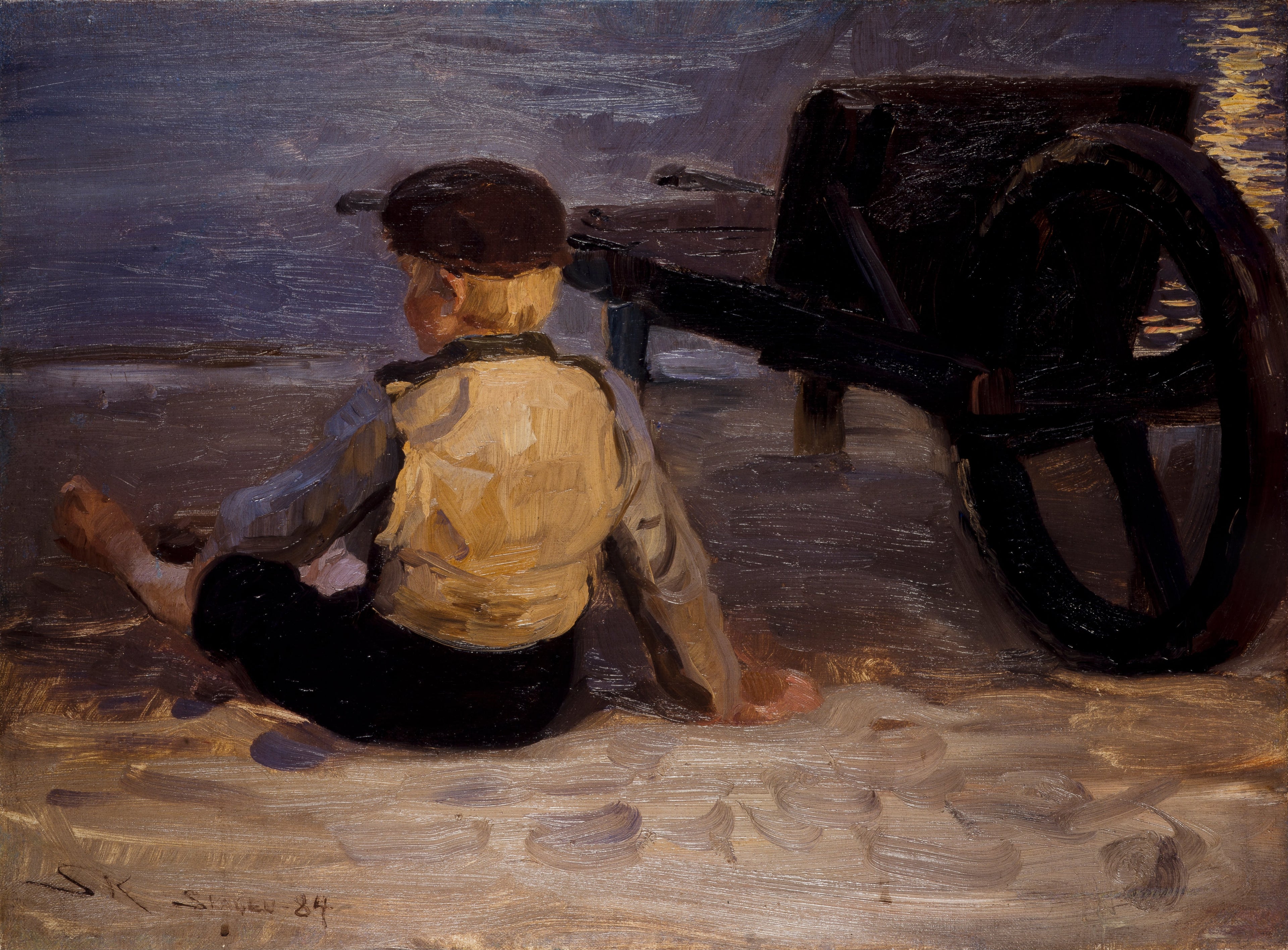 Genç balıkçı, bir el arabasının yanında oturuyor. Skagen'in güney plajı. - Peder Severin Krøyer