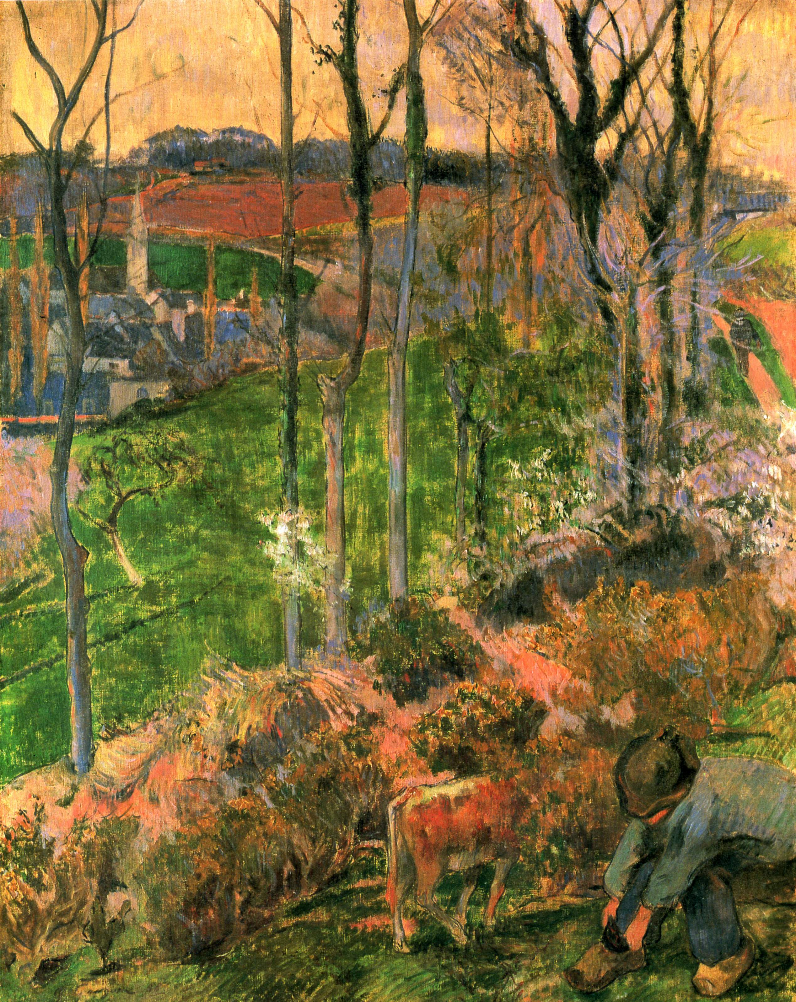 Reproduction du tableau « Fin d'hiver à Pont-Aven, breton et veau; ou Petit Breton arrangeur son sabot - Paul Gauguin » par Alpha Reproduction en peinture à l’huile