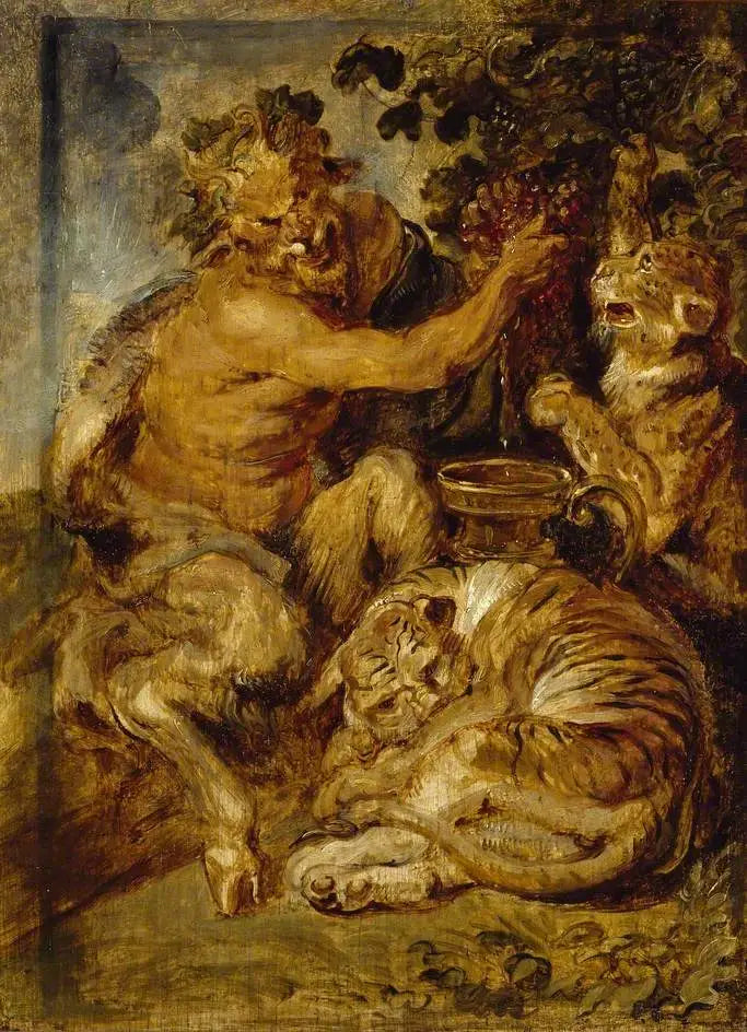 Bir satyrın asmaya basması, yanında bir kaplan ve bir leopar - Peter Paul Rubens