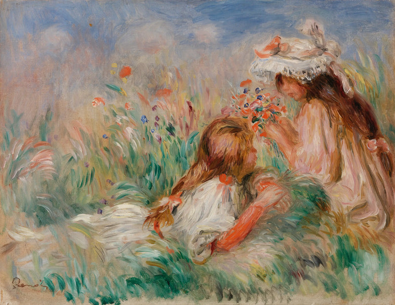 Çimenler üzerinde yatan kız ve bir çiçek buketi düzenleyen genç kız - Pierre-Auguste Renoir