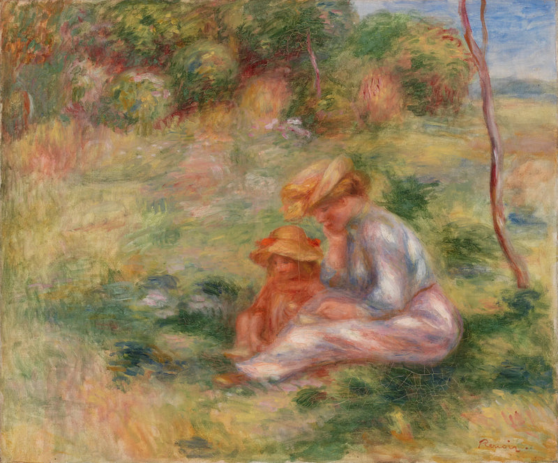 Çimenler Üzerinde Çocuklu Kadın - Pierre-Auguste Renoir