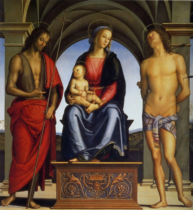 Meryem Ana ve Çocuk, Aziz Yuhanna Baptist ve Aziz Sebastian arasında - Pietro Perugino