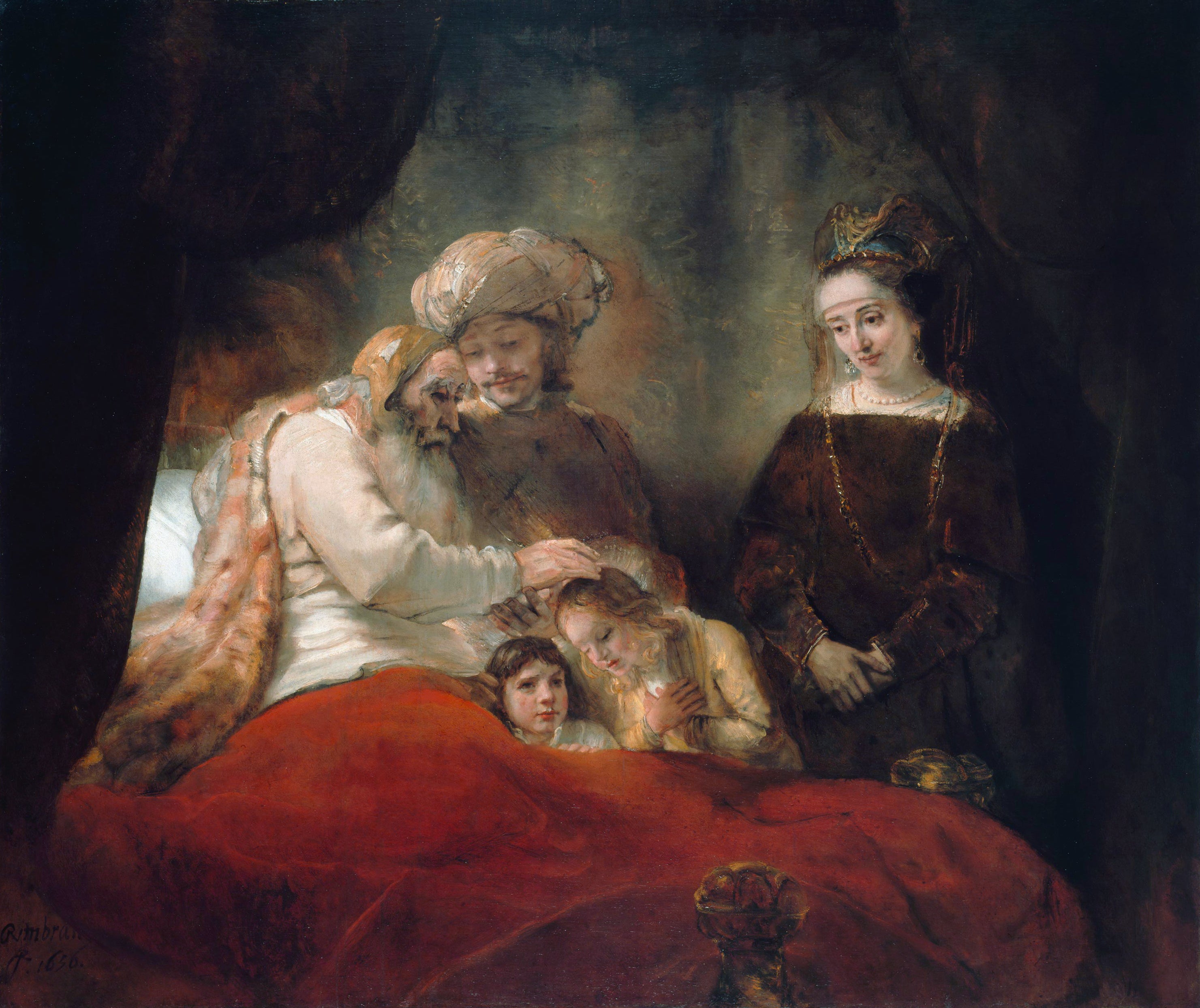 Reproduction du tableau « La Bénédiction des fils de Joseph par Jacob - Rembrandt » par Alpha Reproduction en peinture à l’huile