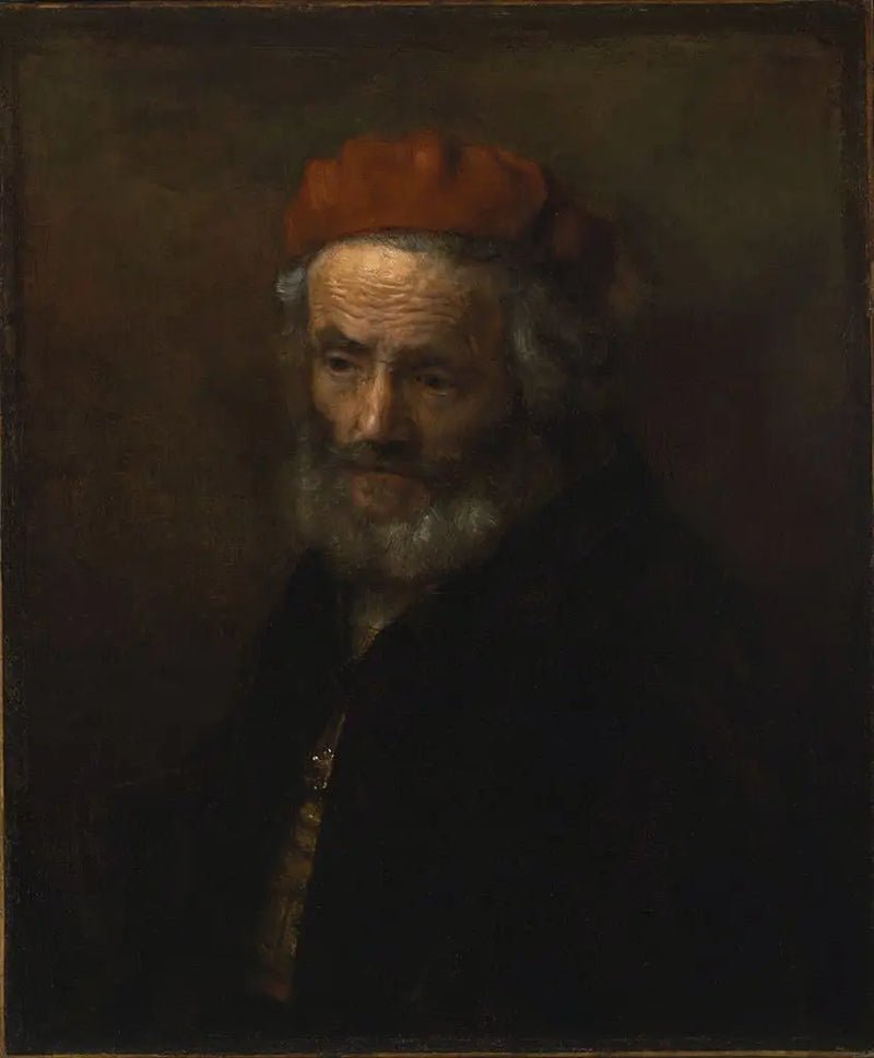Kırmızı şapka takan yaşlı bir adam büstü - Rembrandt