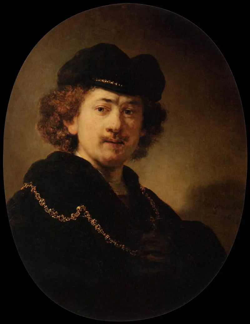 Sanatçının altın zincirli ve fötr şapkalı portresi - Rembrandt