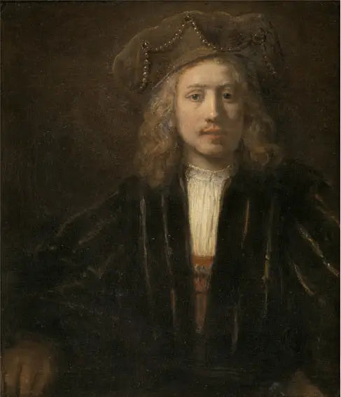 İnci süslemeli şapka takan genç adam - Rembrandt