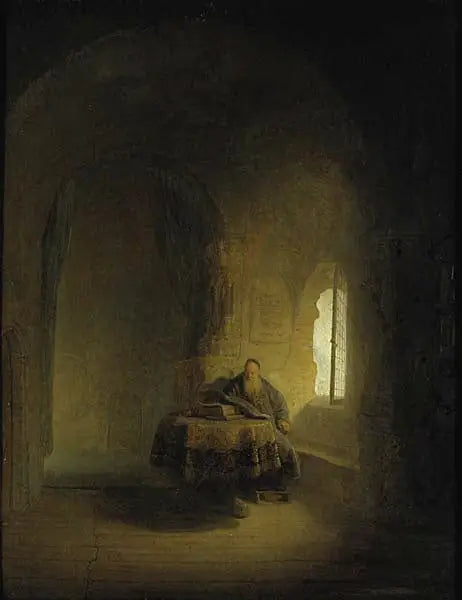 Reproduction du tableau « Un vieux savant près d'une fenêtre dans une pièce voûtée - Rembrandt » par Alpha Reproduction en peinture à l’huile