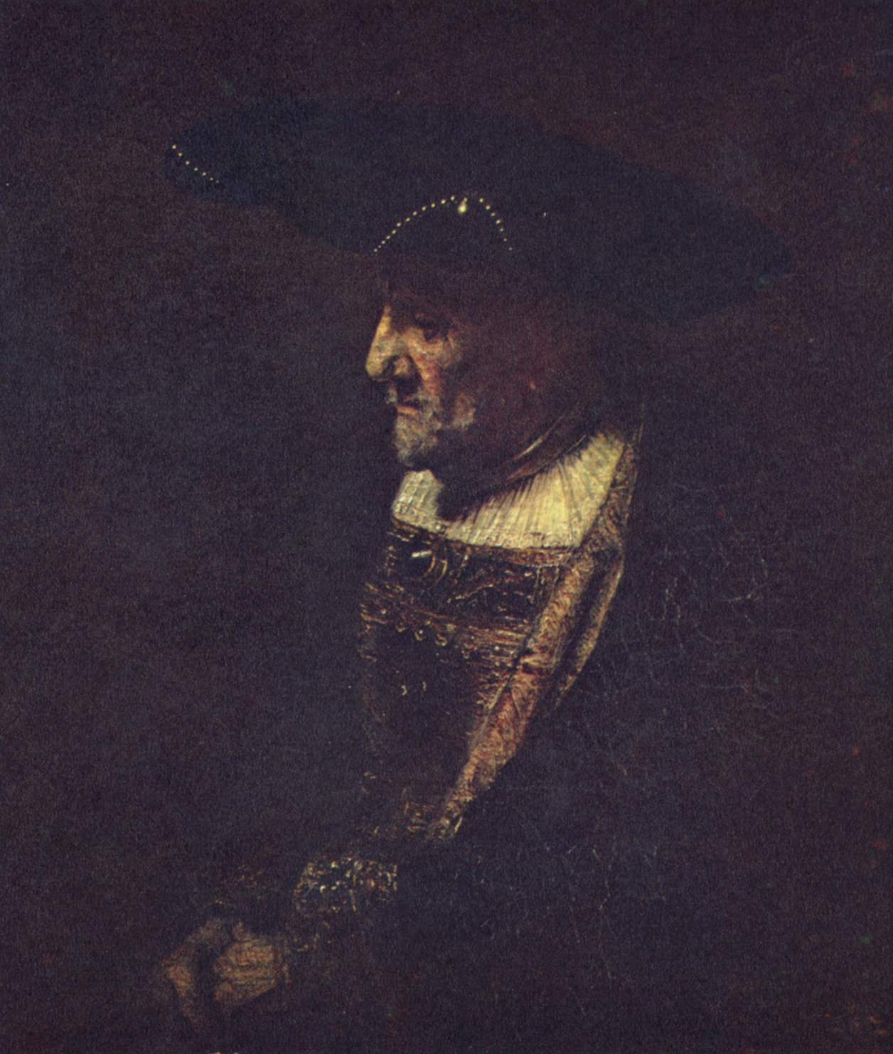 Reproduction du tableau « Homme avec un chapeau décoré de perles - Rembrandt » par Alpha Reproduction en peinture à l’huile