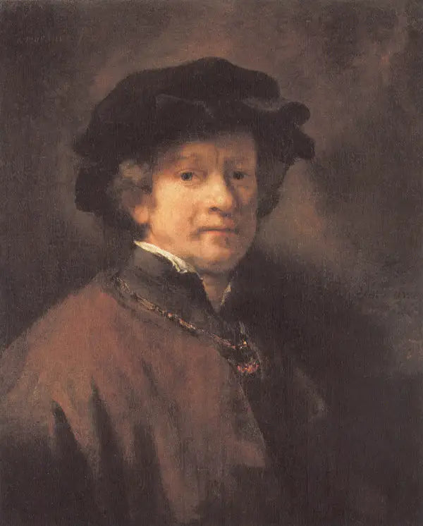 Siyah bereli ve altın zincirli otoportre - Rembrandt