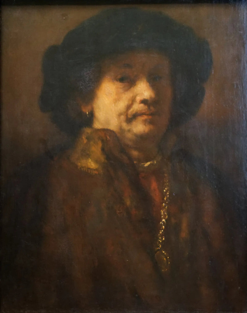 Siyah bereli ve altın zincirli otoportre - Rembrandt