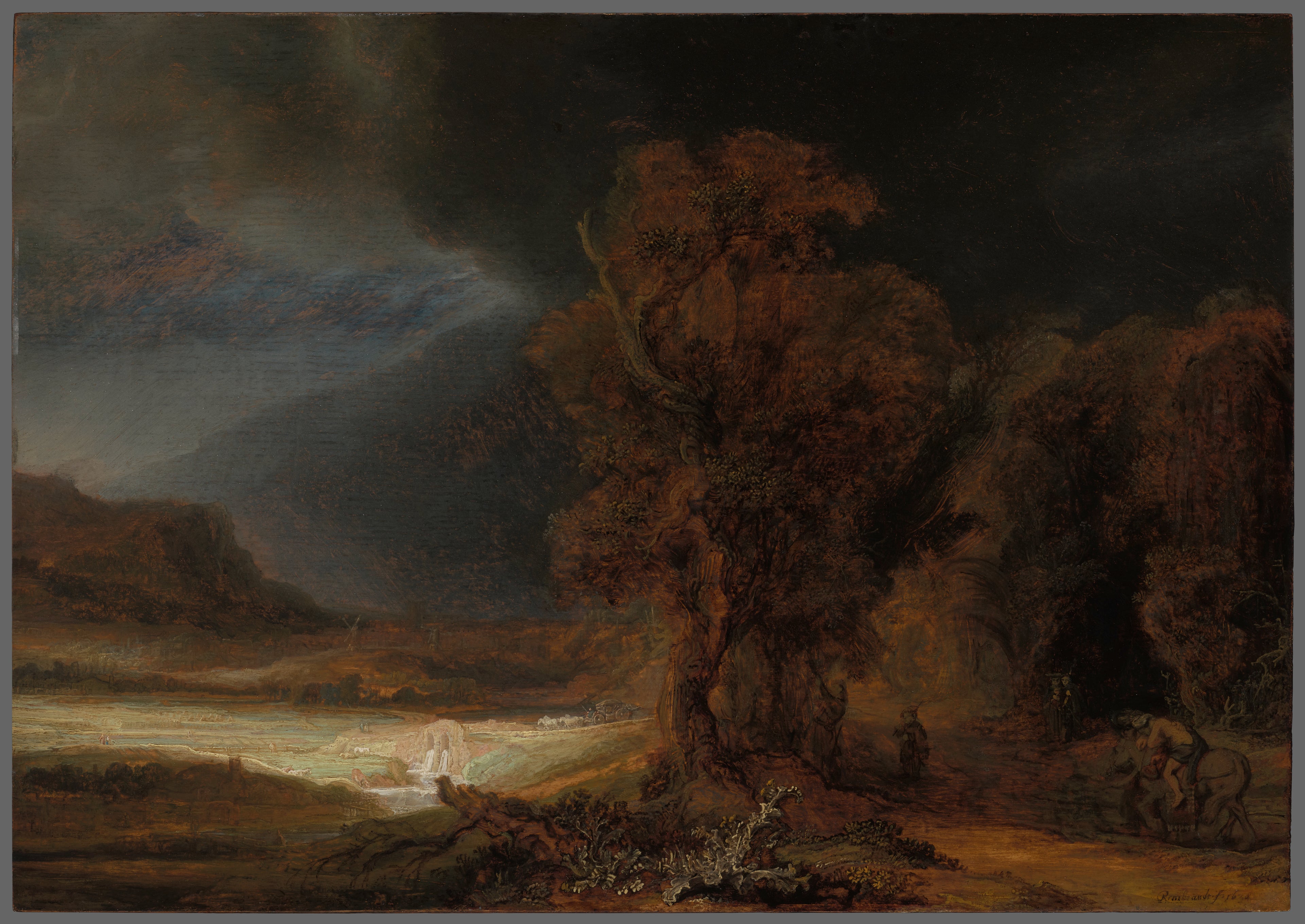 Reproduction du tableau « Paysage avec le Bon Samaritain - Rembrandt » par Alpha Reproduction en peinture à l’huile