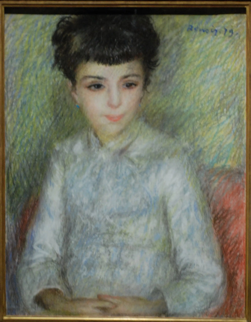 Koyu kahverengi genç kız portresi, elleri kavuşturmuş oturuyor - Pierre-Auguste Renoir