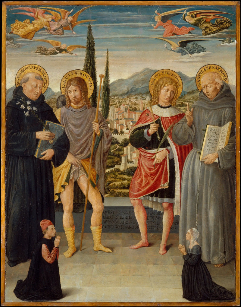 Saint Nicolas de Tolentino, Roch, Sébastien ve Bernardin de Sienne, diz çökerek bağışçılarıyla - Benozzo Gozzoli