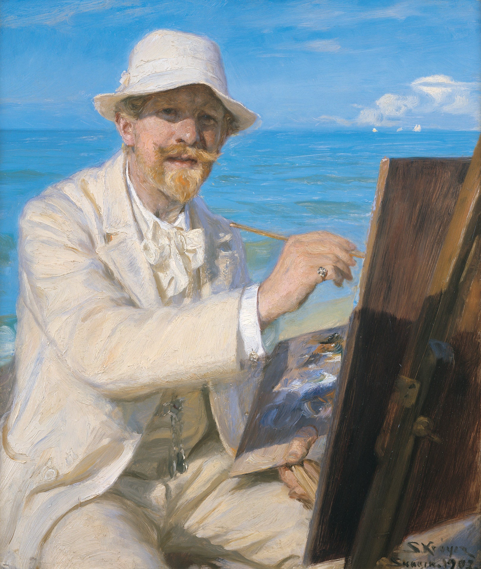 Otoportre, Skagen plajında şasesinin yanında otururken - Peder Severin Krøyer